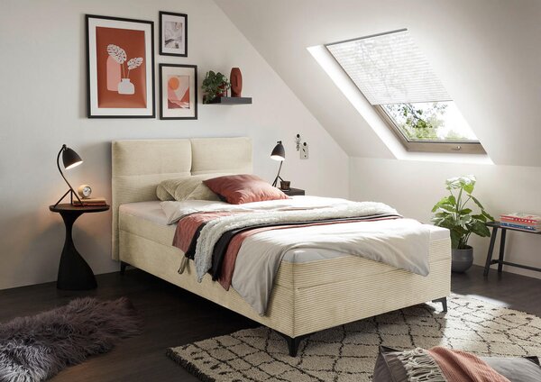 POSTELJA Z VZMETNICO 120 cm x 200 cm , tekstil, leseni material krem barve