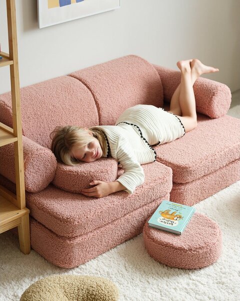 Rožnata otroška sedežna garnitura iz tkanine bouclé 132 cm Settee – Wigiwama