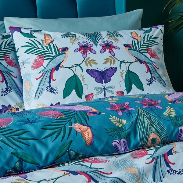 Modra posteljnina za zakonsko posteljo 200x200 cm Mya Tropical Floral – Catherine Lansfield