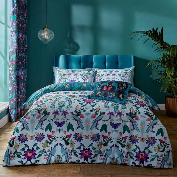 Modra posteljnina za zakonsko posteljo 200x200 cm Mya Tropical Floral – Catherine Lansfield