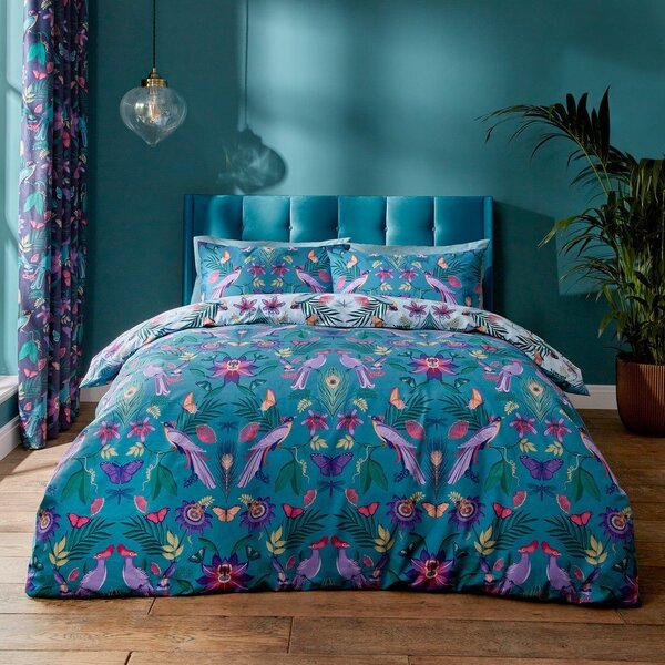 Modra posteljnina za zakonsko posteljo 200x200 cm Mya Tropical Floral – Catherine Lansfield