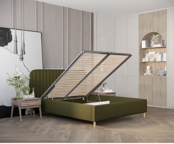 Zelena oblazinjena postelja s prostorom za shranjevanje z letvenim dnom 120x200 cm Noto – Maison de Rêve