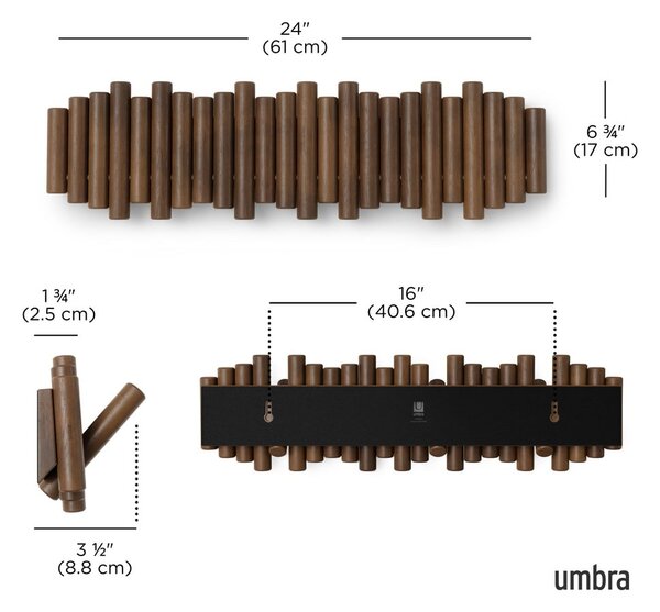 Temno rjav stenski obešalnik iz masivnega bora 61 cm Picket – Umbra