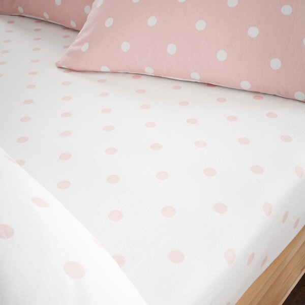 Bela/rožnata napenjalna flanelna rjuha 90x190 cm Polka Dot – Catherine Lansfield