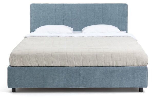 Modra oblazinjena zakonska postelja s prostorom za shranjevanje z vzmetnico in letvenim dnom 160x200 cm Myra Slim Line – Bonami Selection