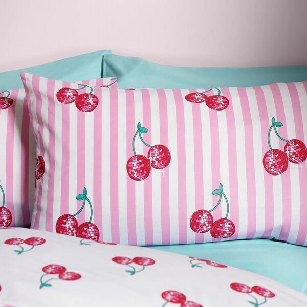 Bela/rožnata posteljnina za zakonsko posteljo 200x200 cm Disco Cherries Stripes – Catherine Lansfield