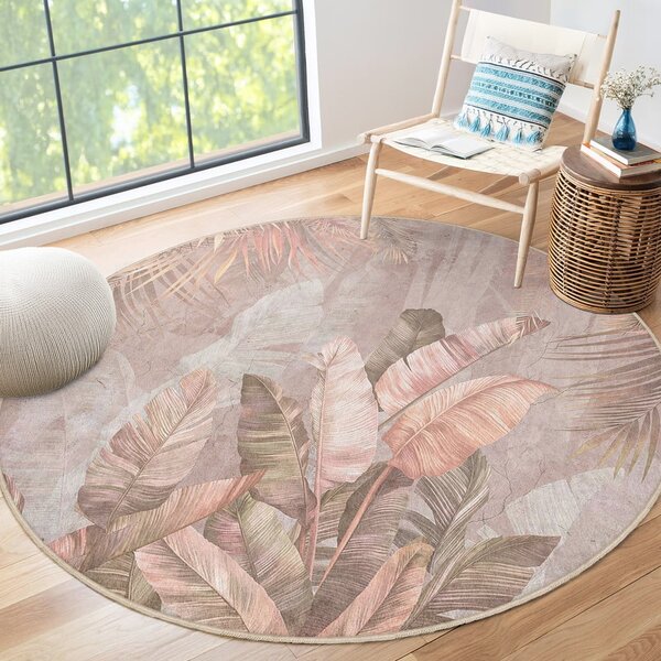 Svetlo rožnata pralna okrogla preproga ø 150 cm Dusty Leaves – Mila Home