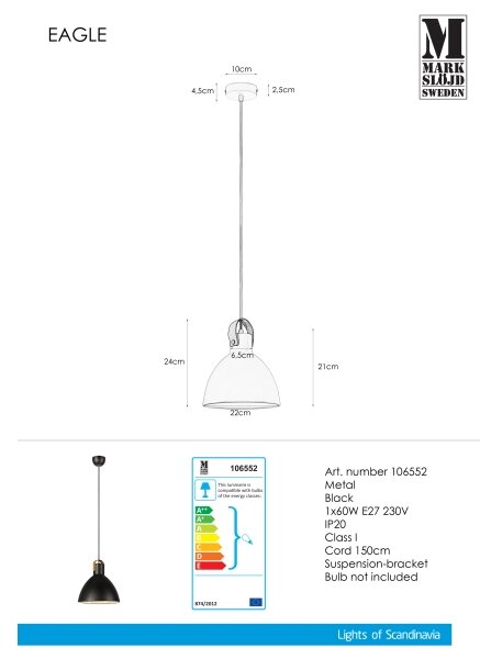 Markslöjd 106552 - Lestenec na vrvici EAGLE 1xE27/60W/230V črna