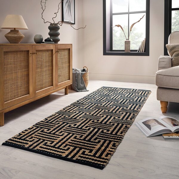 Ročno tkan tekač iz mešanice jute v črni in naravni barvi 80x230 cm Meander Jute – Flair Rugs
