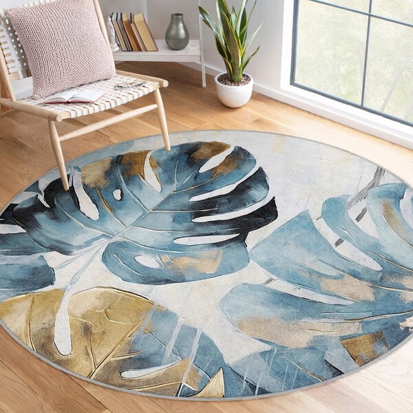Modra pralna okrogla preproga ø 80 cm Golden Leaves – Mila Home