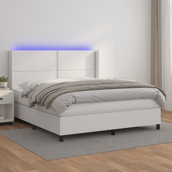 VidaXL Box spring postelja z vzmetnico LED bela 160x200cm umetno usnje