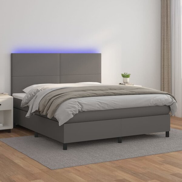 VidaXL Box spring postelja z vzmetnico LED siva 180x200cm umetno usnje