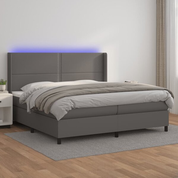 VidaXL Box spring postelja z vzmetnico LED siva 200x200cm umetno usnje