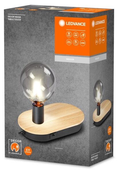 Ledvance - Namizna svetilka na dotik z USB priključkom DECOR WOOD 1xE27/8W/230V