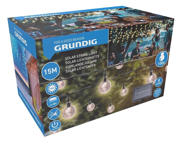 Grundig - LED Solarna veriga 100xLED/8 funkcij 15m topla bela