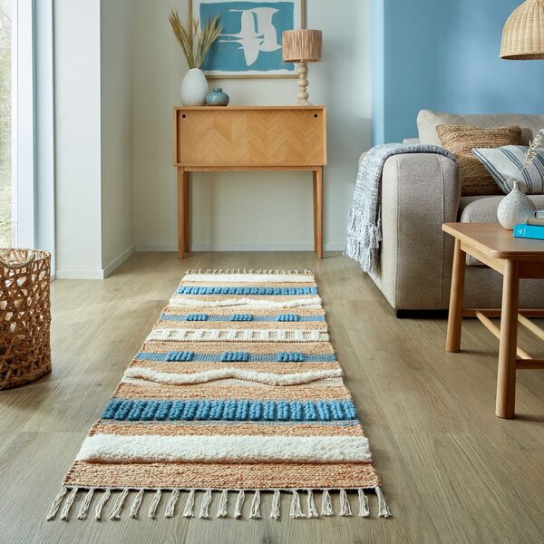Ročno tkan tekač iz mešanice jute v naravni in modri barvi 60x230 cm Medina Jute – Flair Rugs