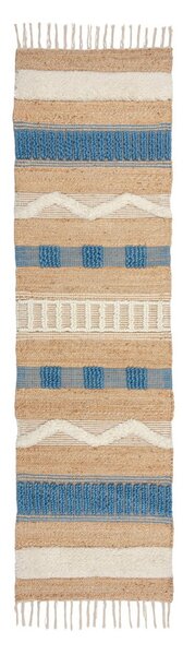 Ročno tkan tekač iz mešanice jute v naravni in modri barvi 60x230 cm Medina Jute – Flair Rugs