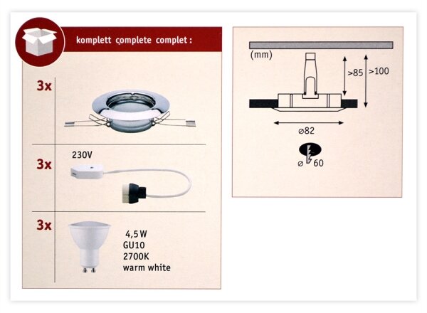 Paulmann 93657 - KOMPLET 3x LED/GU10/4,5W Vgradna svetilka 230V