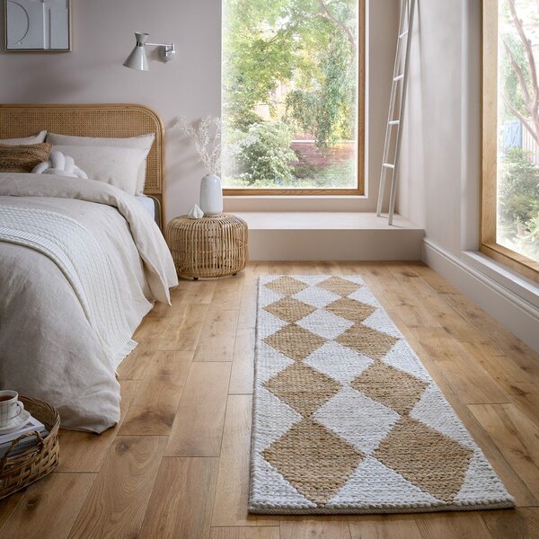 Ročno tkan tekač iz mešanice jute v beli in naravni barvi 80x230 cm Effie Diamond – Flair Rugs