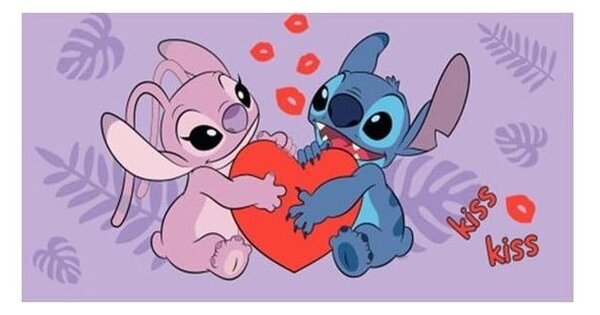 Vijolična bombažna otroška brisača 70x140 cm Lilo and Stitch "Kiss" – Jerry Fabrics