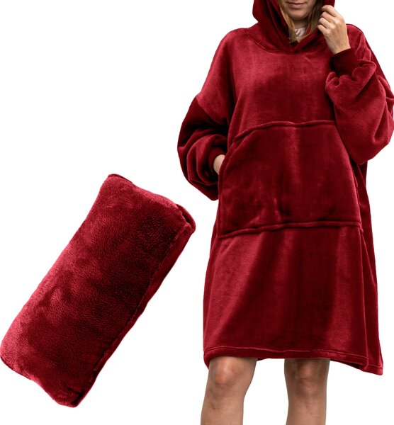 Pulover & odeja s kapuco 4v1 – bordo XXL