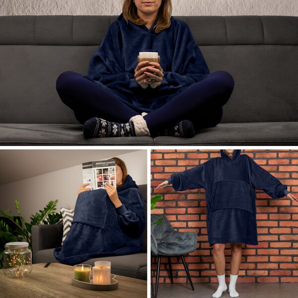 Pulover & odeja s kapuco 4v1 – temno modra XXL