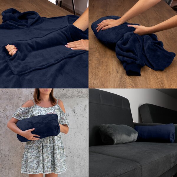Pulover & odeja s kapuco 4v1 – temno modra XXL