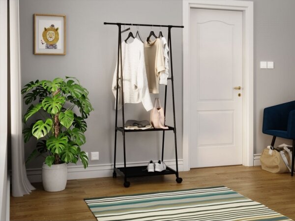 Mobilni kovinski obešalnik z shelves OLAZEN 157x85 cm črna