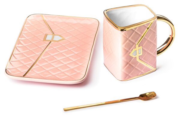 Skodelica z žličko in krožničkom v obliki torbice – Pink komplet
