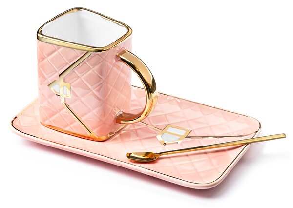 Skodelica z žličko in krožničkom v obliki torbice – Pink komplet