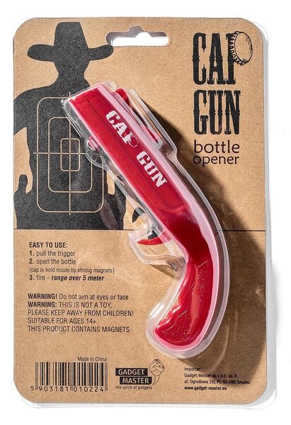 Odpirač za steklenice z "katapultom za zamaške" – Cap Gun (rdeč)