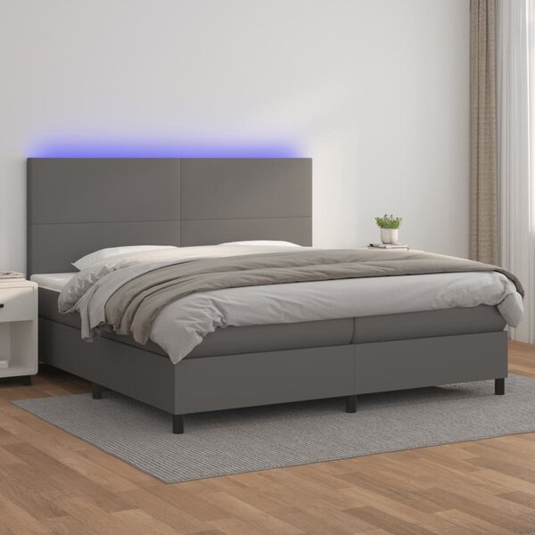 VidaXL Box spring postelja z vzmetnico LED siva 200x200cm umetno usnje