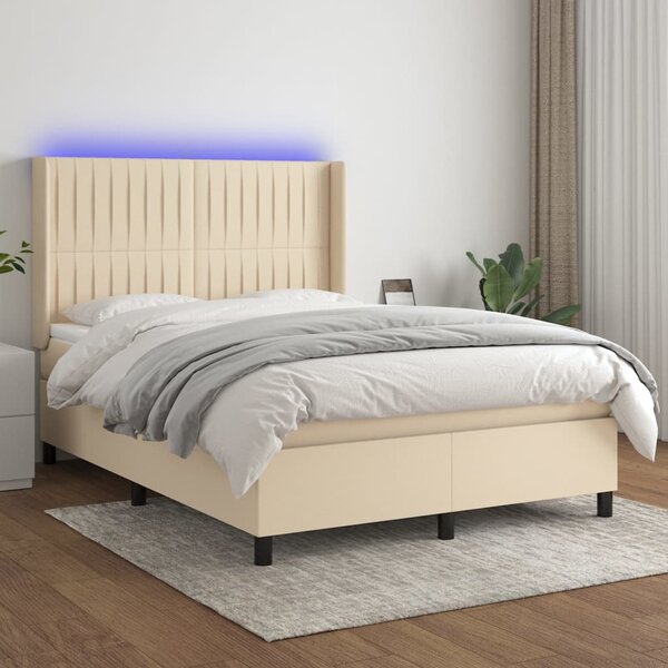 VidaXL Box spring postelja z vzmetnico LED krem 140x190 cm blago