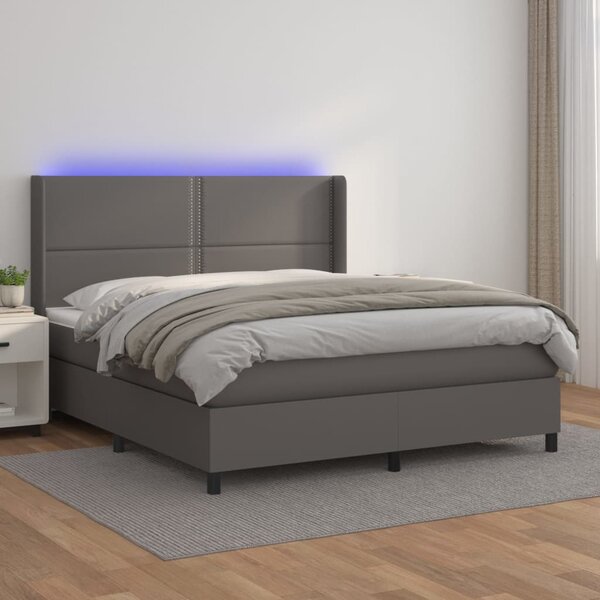 VidaXL Box spring postelja z vzmetnico LED siva 180x200cm umetno usnje