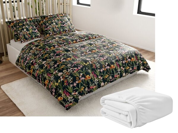 Set posteljnine mikropliš MYSTIC GARDEN temno zelena + rjuha mikropliš SOFT 90x200 cm bela, enojna postelja