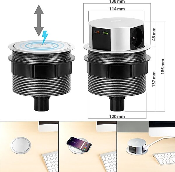 Solight PP120CW-PD20- Namizna vtičnica z Qi 3x230V+1xUSB-A+1xUSB-C