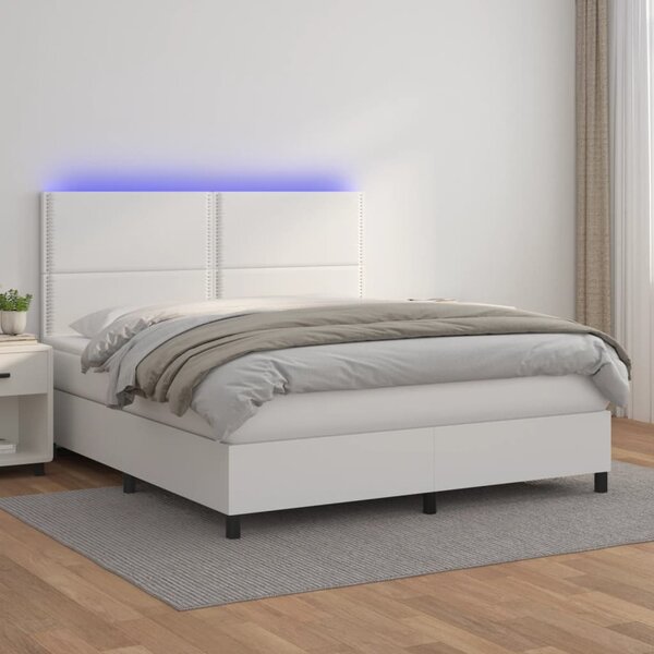 VidaXL Box spring postelja z vzmetnico LED bela 160x200cm umetno usnje