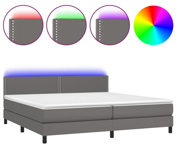 VidaXL Box spring postelja z vzmetnico LED siva 200x200cm umetno usnje