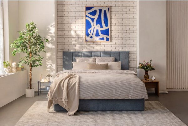 Modra oblazinjena zakonska postelja s prostorom za shranjevanje z vzmetnico in letvenim dnom 160x200 cm Thessa Bold Line – Bonami Selection
