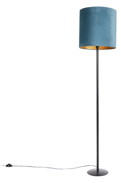 Stoječa svetilka črna z žametno senčilo modre barve z zlatom 40 cm - Simplo
