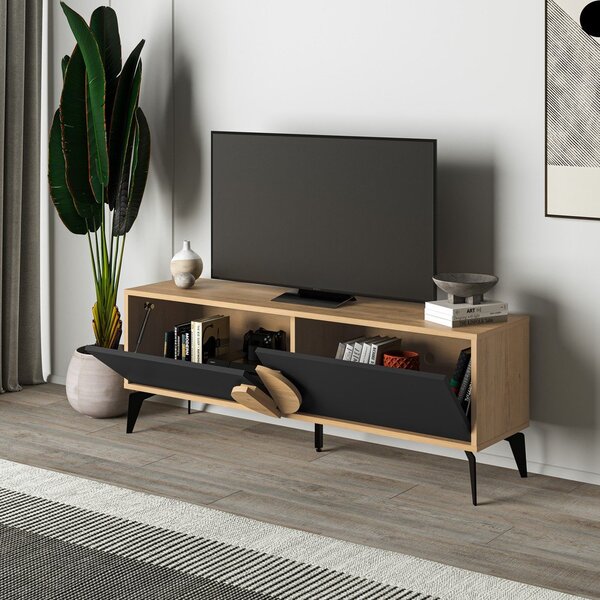 Črna/naravna TV omarica v hrastovem dekorju 140x51 cm Vae – Marckeric