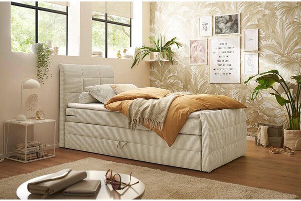 POSTELJA BOXSPRING 100 cm x 200 cm , tekstil, leseni material krem barve