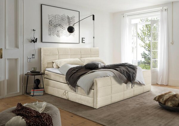 POSTELJA BOXSPRING 180 cm x 200 cm , tekstil, leseni material krem barve