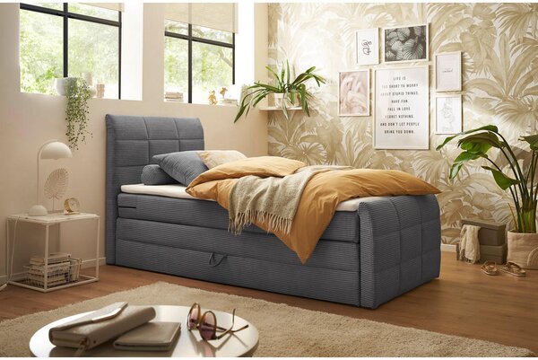 POSTELJA BOXSPRING 100 cm x 200 cm , tekstil, leseni material temno siva