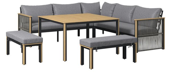 JEDILNA LOUNGE GARNITURA tkanina akacija masivno aluminij
