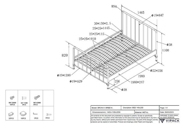 Modra kovinska zakonska postelja z letvenim dnom 140x200 cm BRONXX – Vipack