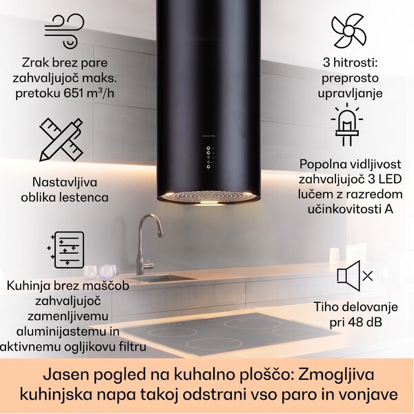 Klarstein Bolea, otočna kuhinjska napa, Ø38cm, način recirkulacije/odsesavanja zraka, 651m³/h, LED, vključno s filtri z aktivnim ogljem