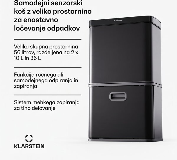 Klarstein Brezdotni senzorni koš za smeti 56L iz nerjavečega jekla, mehko zapiranje, 3 posode, LED zaslon, časovnik