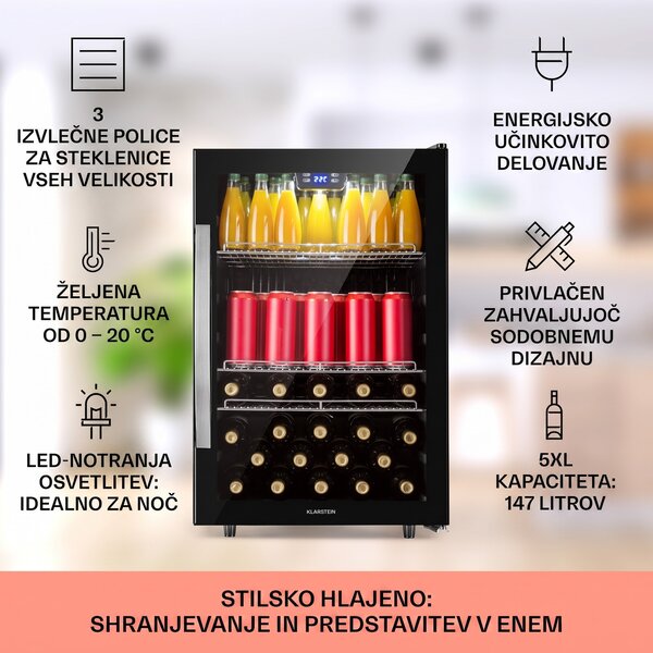 Klarstein Beersafe 5XL, hladilnik, 147 litrov, 3 police, panoramska steklena vrata, nerjaveče jeklo