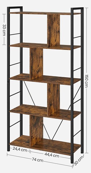 5-nivojska knjižna polica, 74 x 150 x 30 cm, rustikalno rjava | VASAGLE